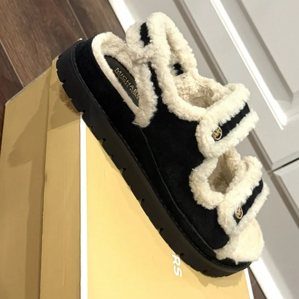 Michael Kors Holland Lug Sandal Faux Shearling Black Womens 9.5M 49F5HLFS1D NIB